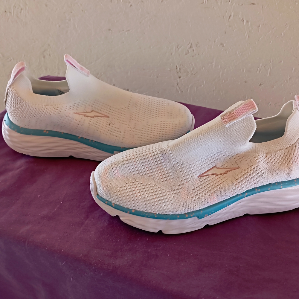 White and Pink Slip-On Sneakers with Blue Soles